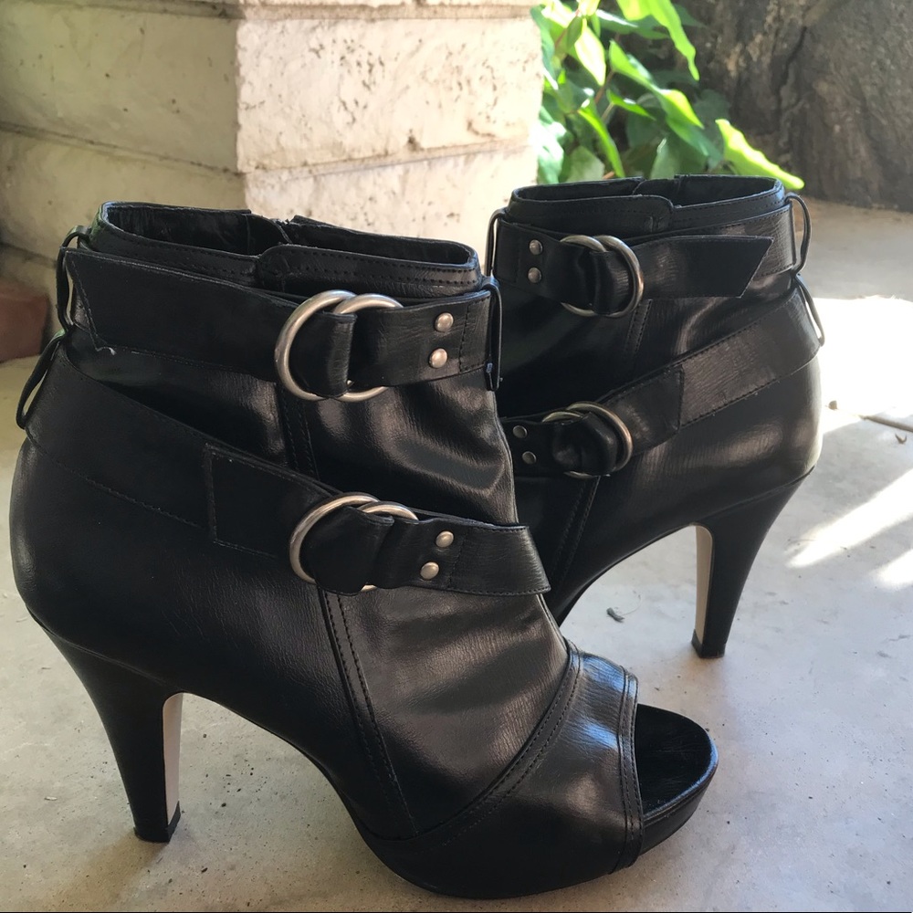Peep-Toe Black Faux-Leather Bootie Heels